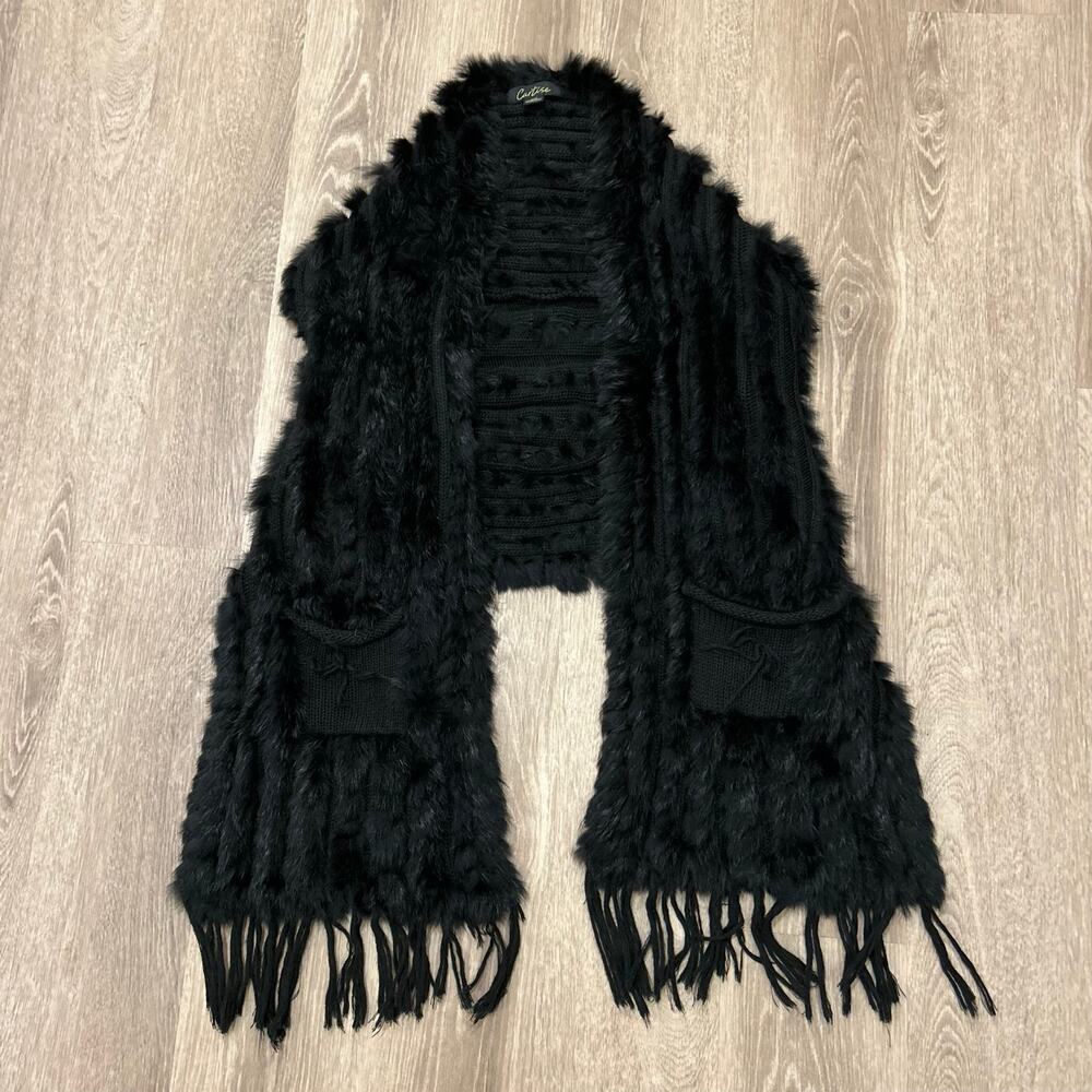 Y2K Cartise Rabbit‎ Fur Knit Vest Open Front Scarf Vest Black Medium